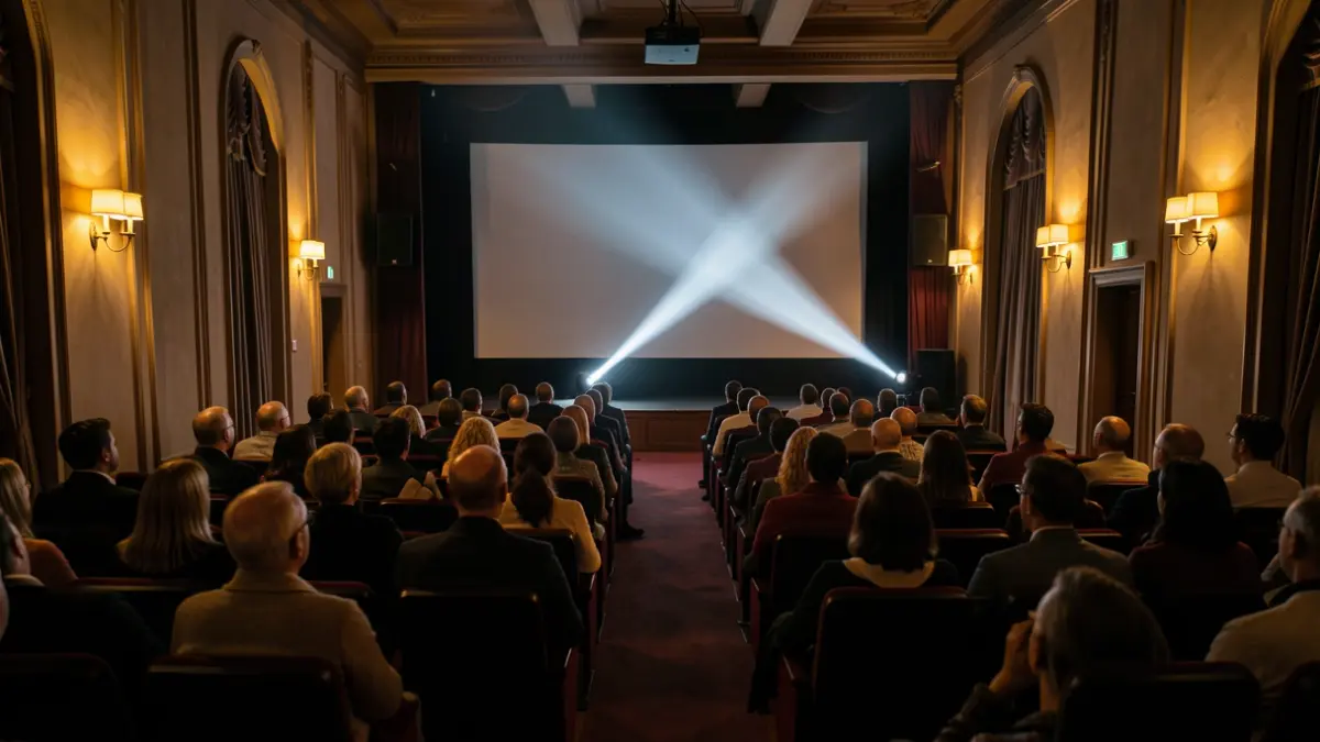 Generic image of a cinema room with empty seats and a projector beam.