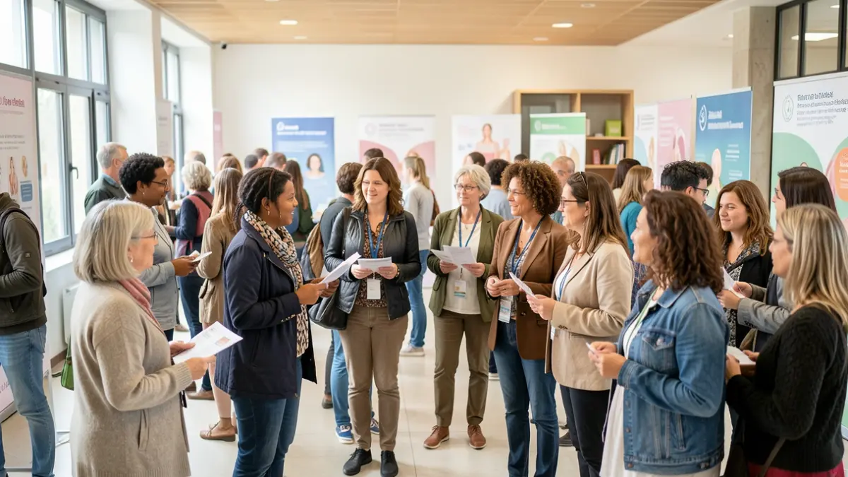 Generic image of a diverse group of women participating in a cultural event in a modern university space, with blurred thematic posters in the background.