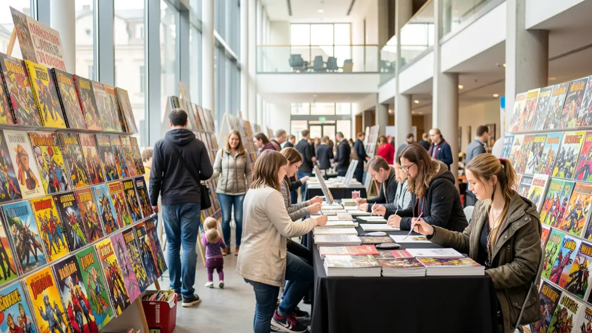 Generic image of a comic book festival with colorful stands and families. NEVER use proper names. NEVER claim it shows the real thing.