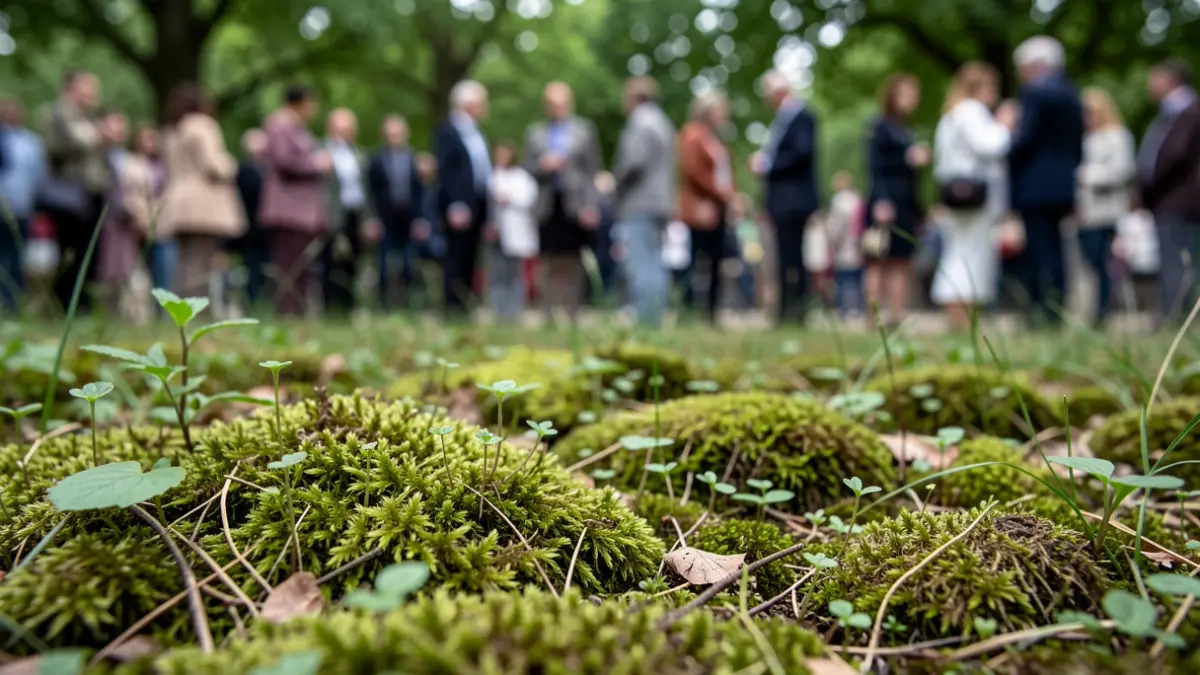 Close-up of a nature photograph showing moss and small plants on the ground, with a blurred background of green foliage. Soft, natural lighting.