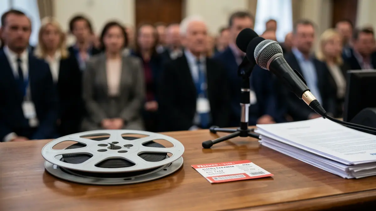 Image générique d'une bobine de film et d'un ticket de cinéma sur un bureau avec des documents.