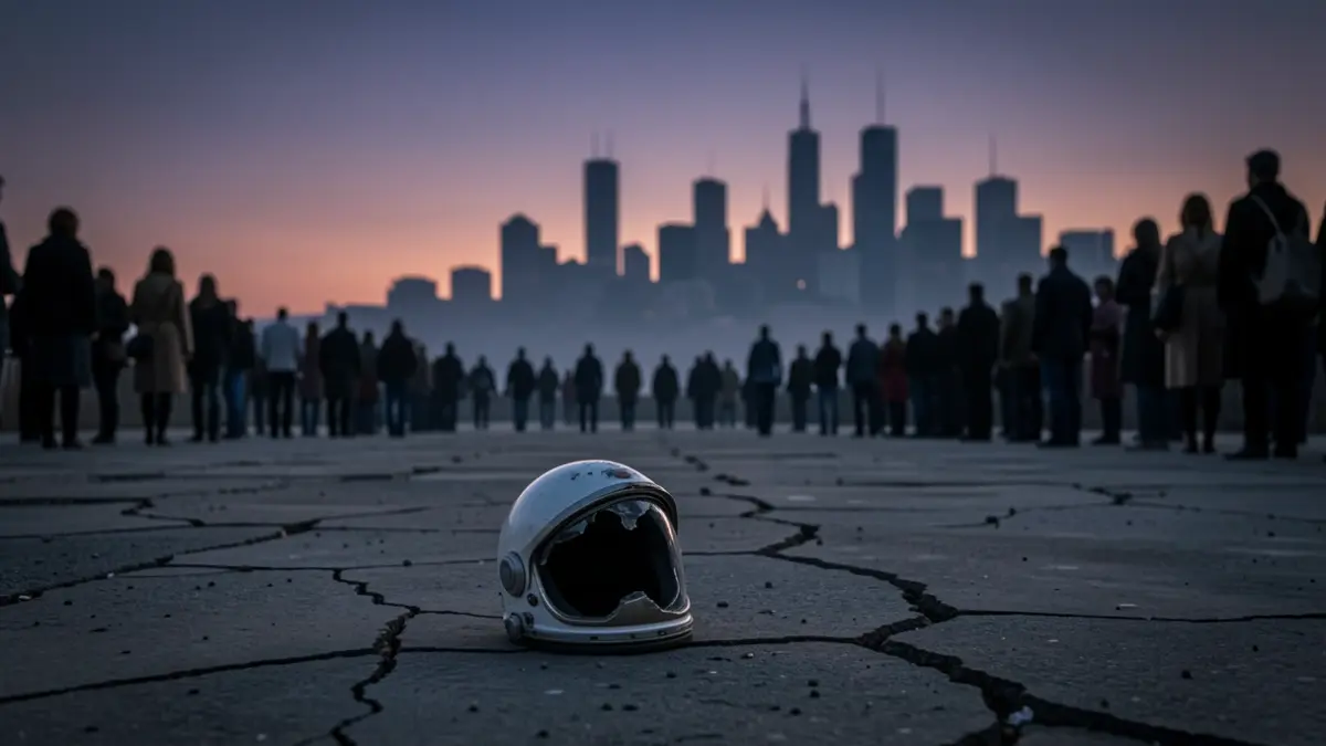 Casque d'astronaute abandonné sur le sol d'une ville déserte.