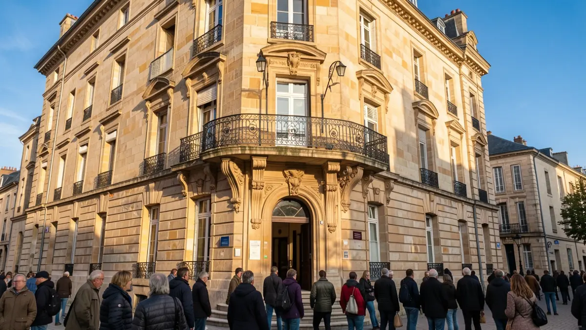 Image générique de la façade en pierre d'un hôtel de ville de Nouvelle-Aquitaine avec balcon orné et balustrade en fer forgé, lumière chaude de l'après-midi sur les murs en grès, ciel bleu.