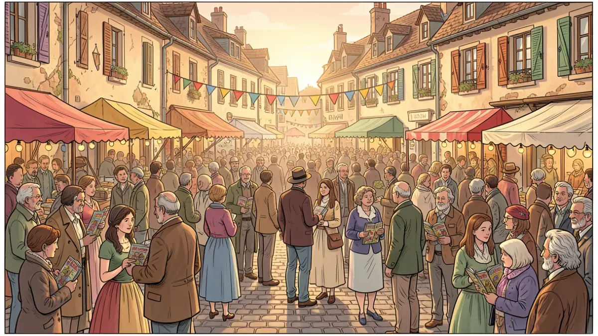 Image générique d'un festival de bande dessinée dans une ville rurale française, avec une foule diverse et des éléments festifs.