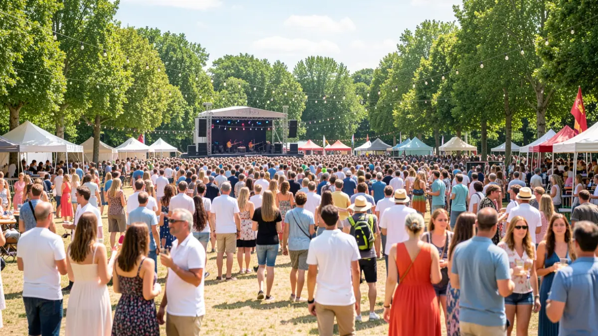 Generic image of an outdoor music festival in a park, with a lively crowd under a summer sky.