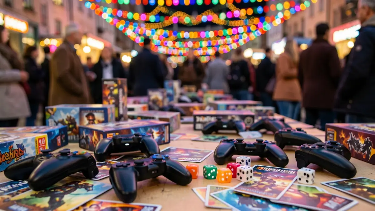 Generic image of a game table filled with controllers, dice, and cards, in a lively festival atmosphere.