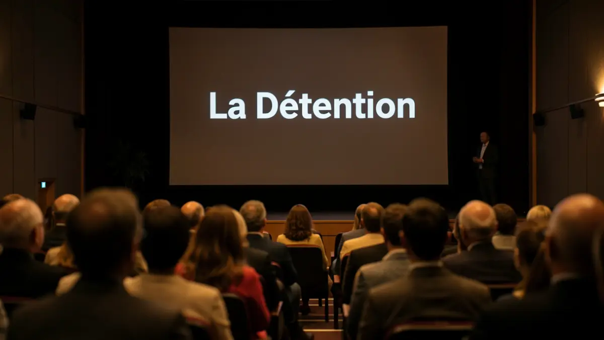 Generic image of a cinema screen displaying a documentary film title, with a blurred audience in the foreground.