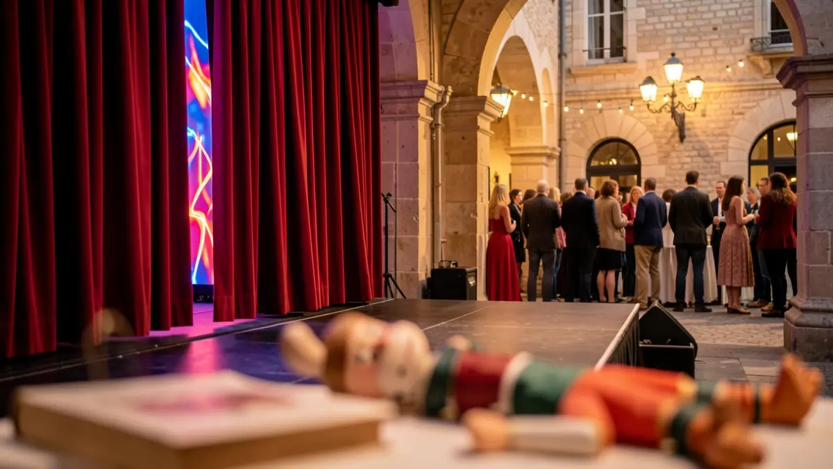 Image générique d'une scène de théâtre avec des rideaux ouverts et une installation lumineuse abstraite, dans un style architectural de Nouvelle-Aquitaine.
