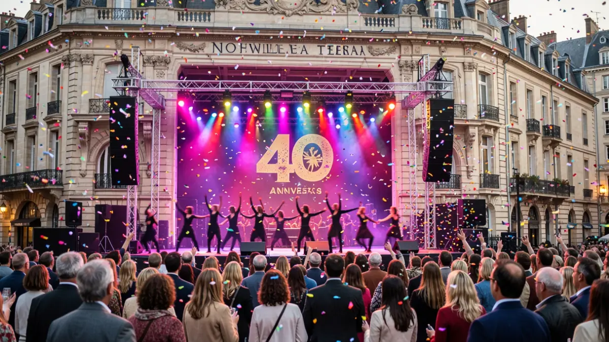 Image générique de célébration d'anniversaire de théâtre avec lumières vives et confettis.