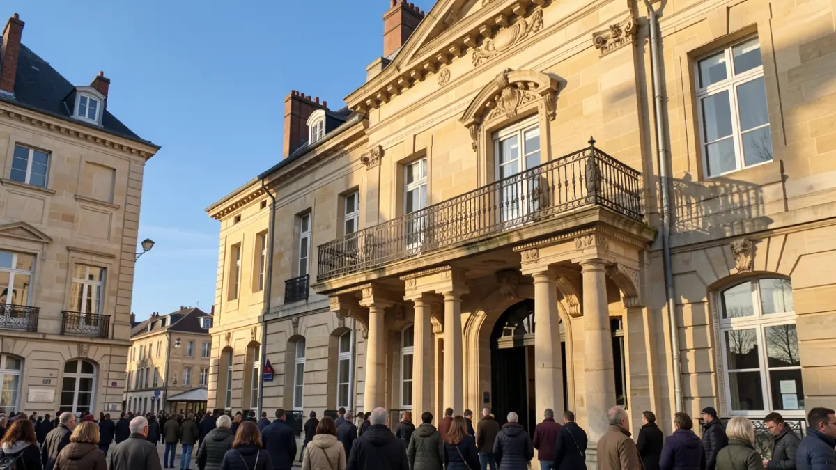 Generic image of a stone facade of a Nouvelle-Aquitaine town hall with an ornate balcony and iron railings, warm afternoon sunlight casting shadows on the sandstone walls, blue sky.