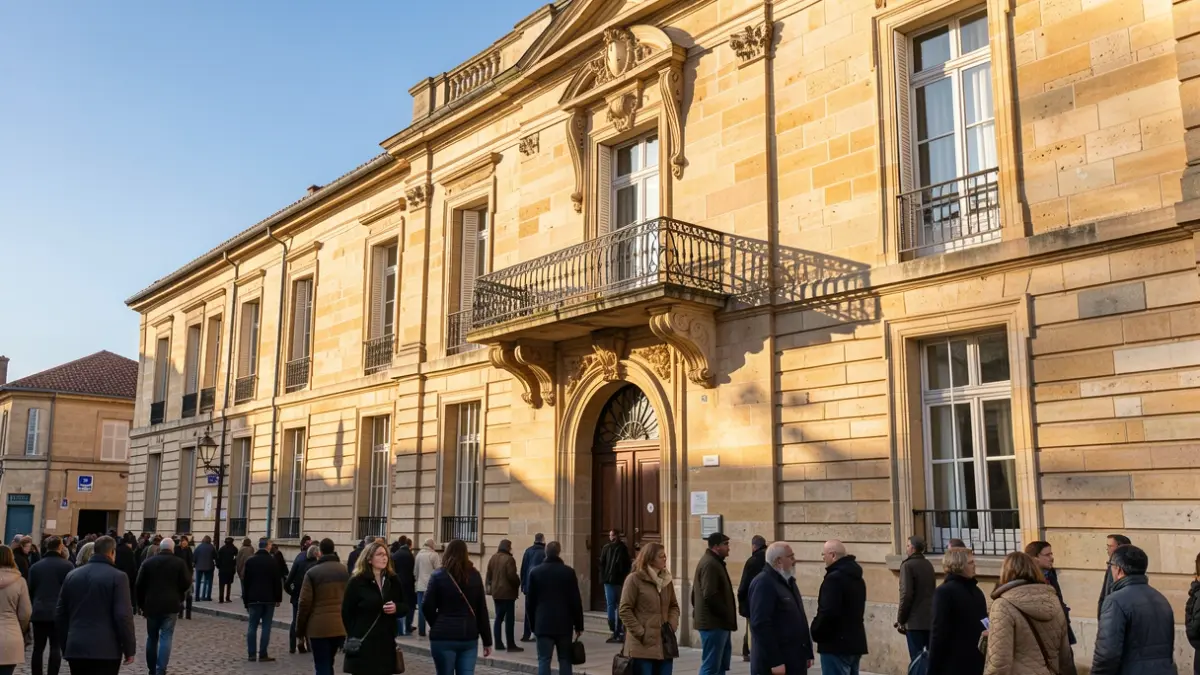 Generic image of the stone facade of an official building with an ornate balcony, under afternoon sunlight.
