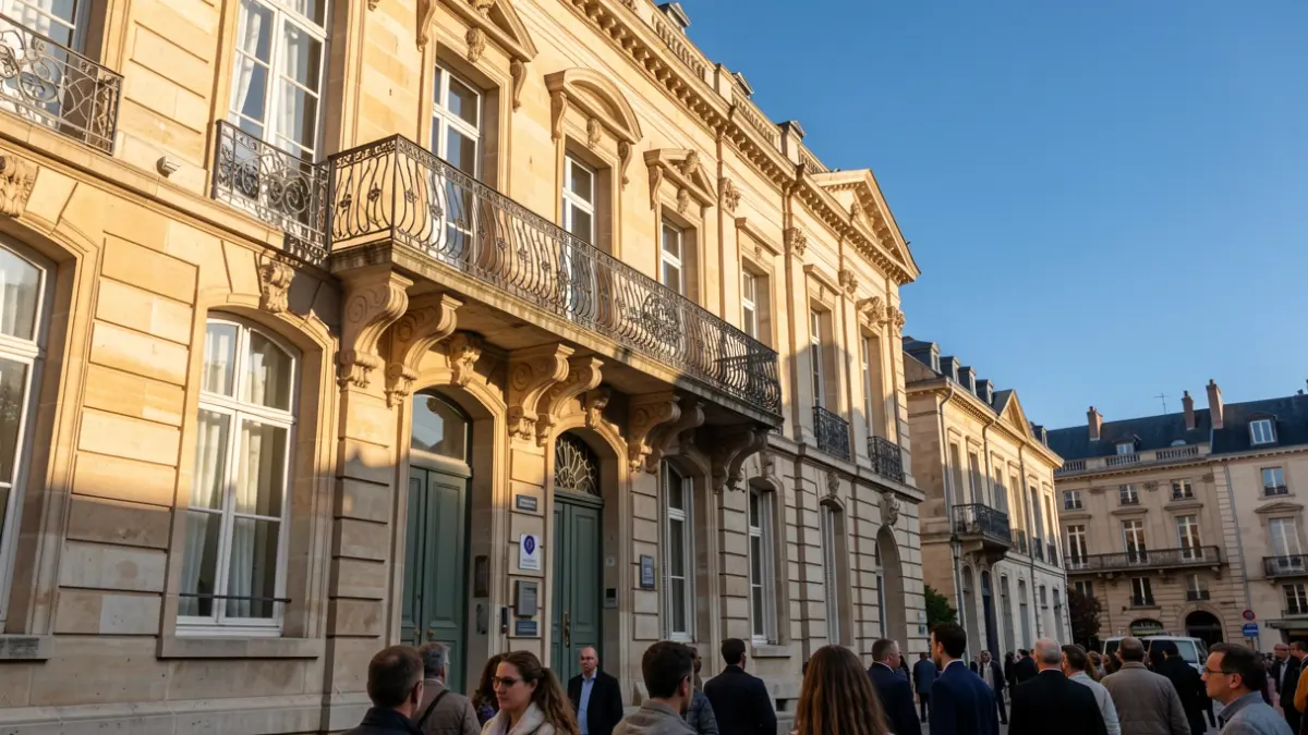 Generic image of a Nouvelle-Aquitaine town hall stone facade with ornate balcony and iron railings, warm afternoon sunlight casting shadows on the sandstone walls, blue sky.