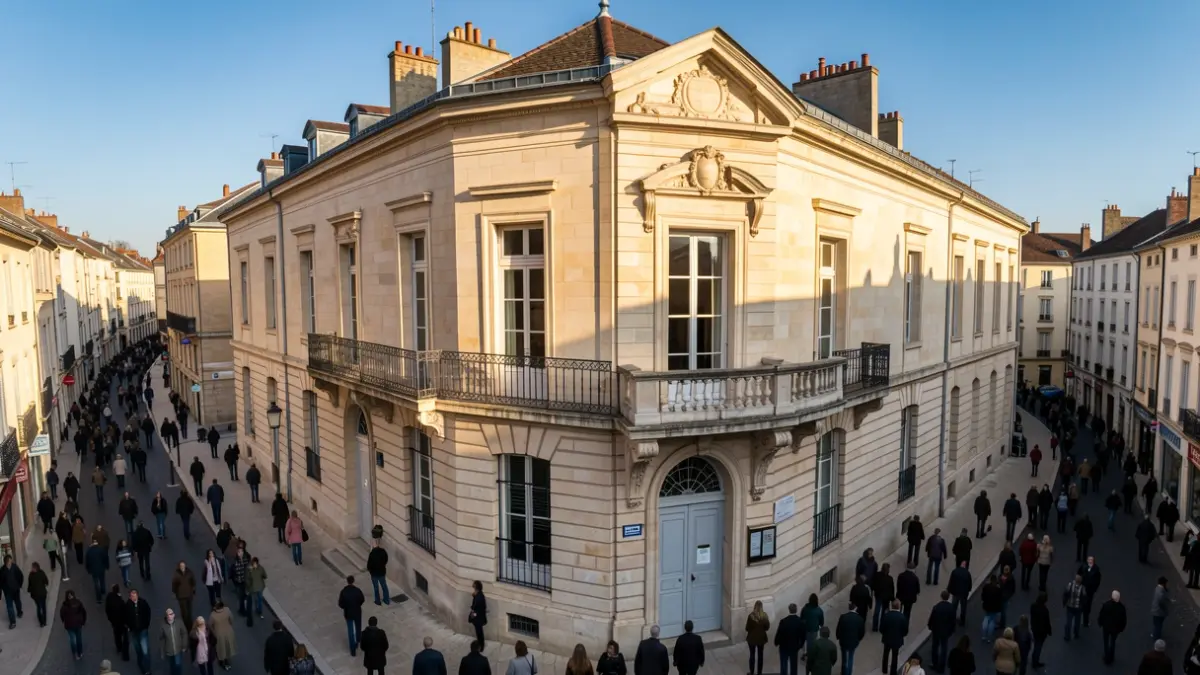 Generic image of a town hall facade with a balcony and iron railings, under afternoon sun.