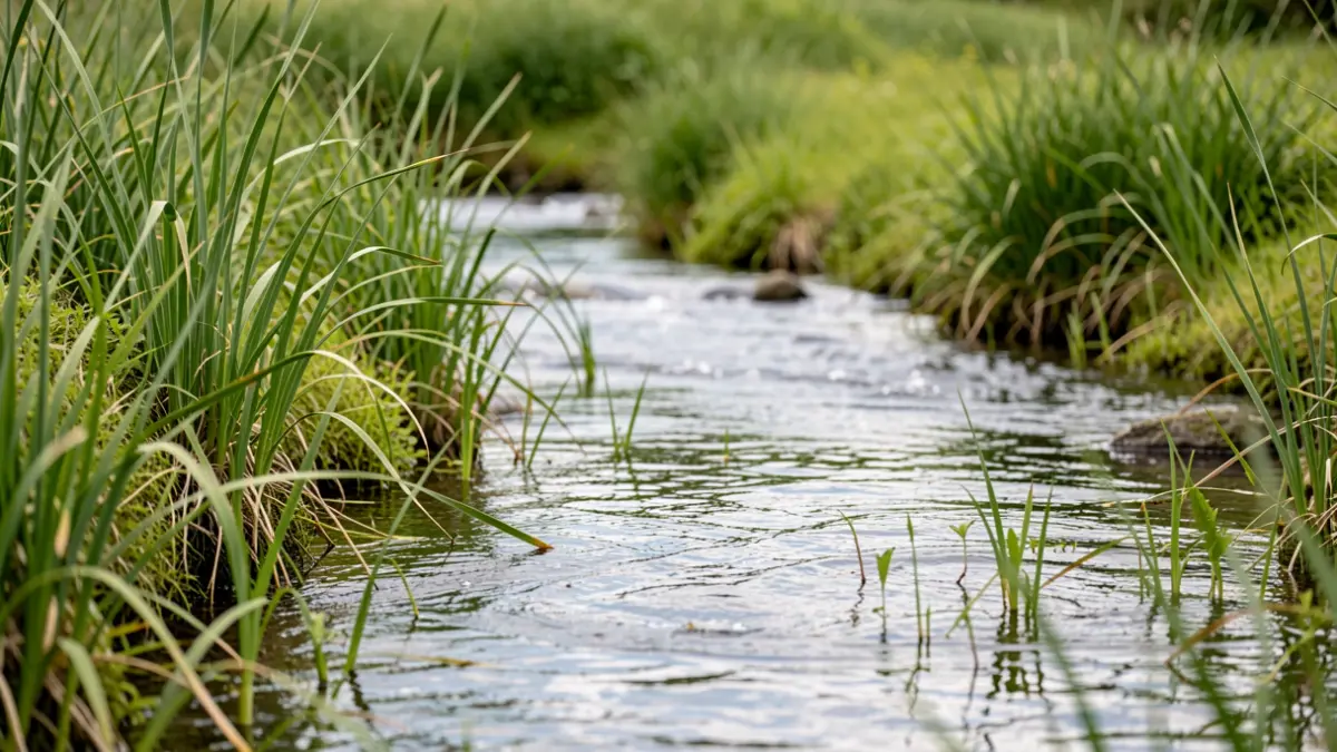 Image générique d'une rivière traversant un marais verdoyant en Nouvelle-Aquitaine, avec des roseaux et des plantes aquatiques.