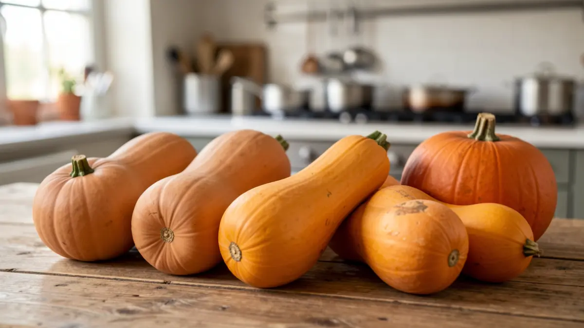 Generic image of various squash arranged on a wooden table.