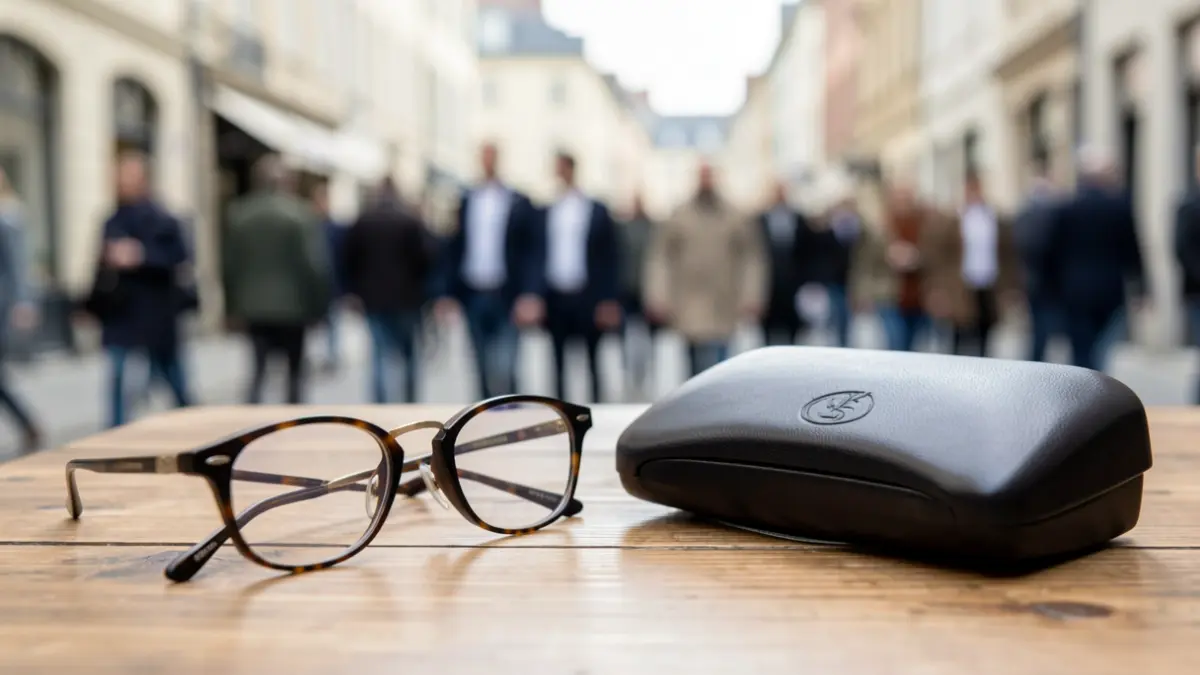 Generic image of eyeglasses and a case on a neutral background.