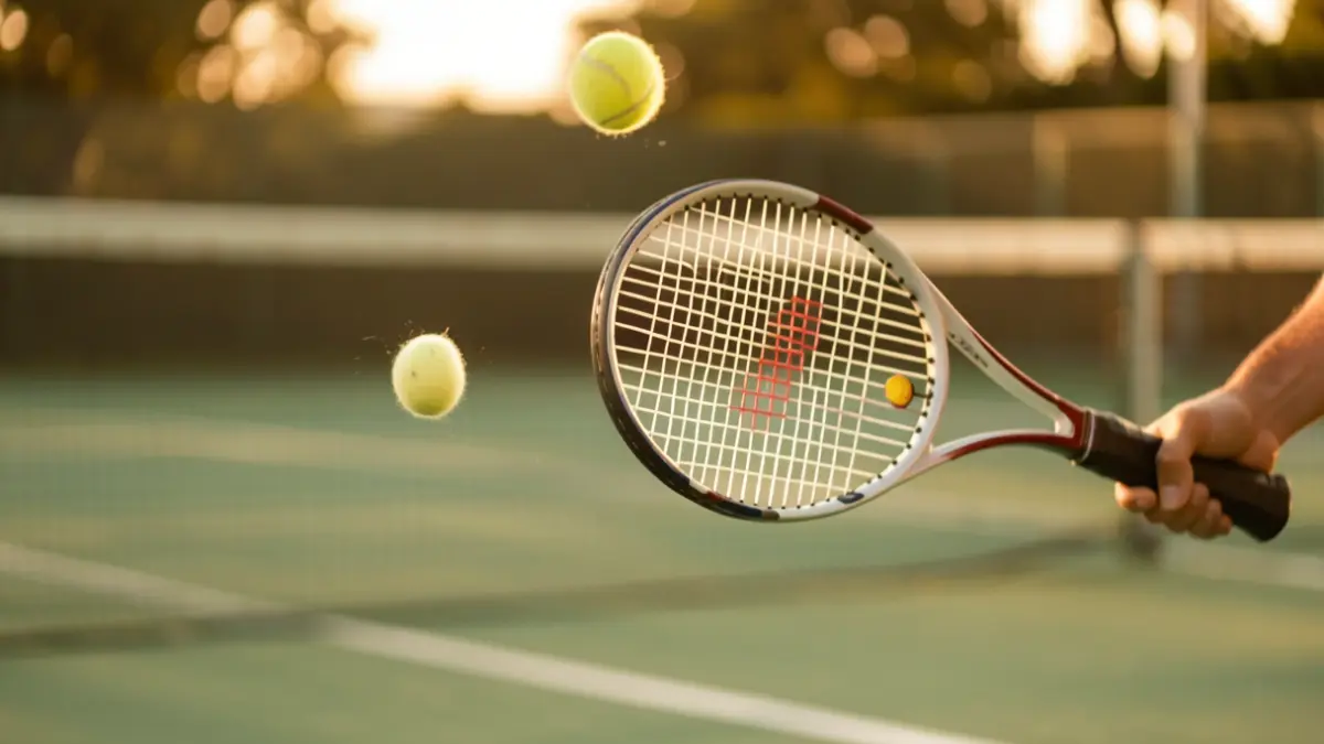 Gros plan d'une raquette de tennis frappant une balle sur un court de tennis.