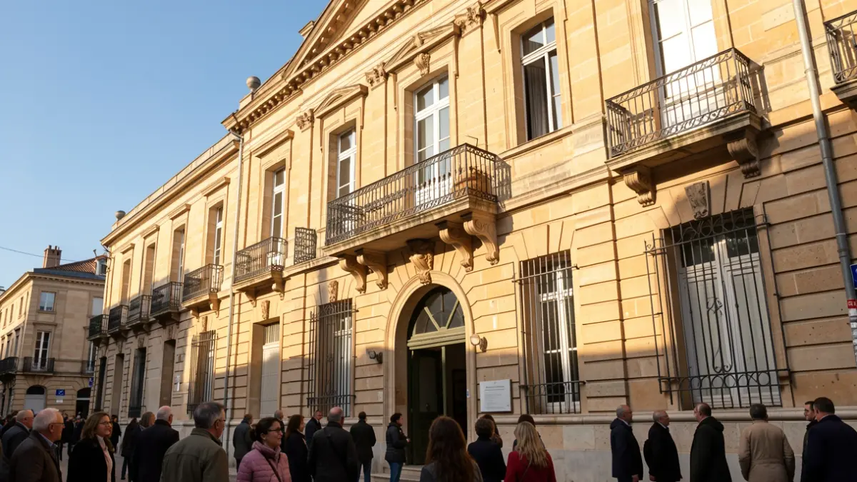 Generic image of a Nouvelle-Aquitaine town hall facade with an ornate balcony and iron railings, under afternoon sunlight.