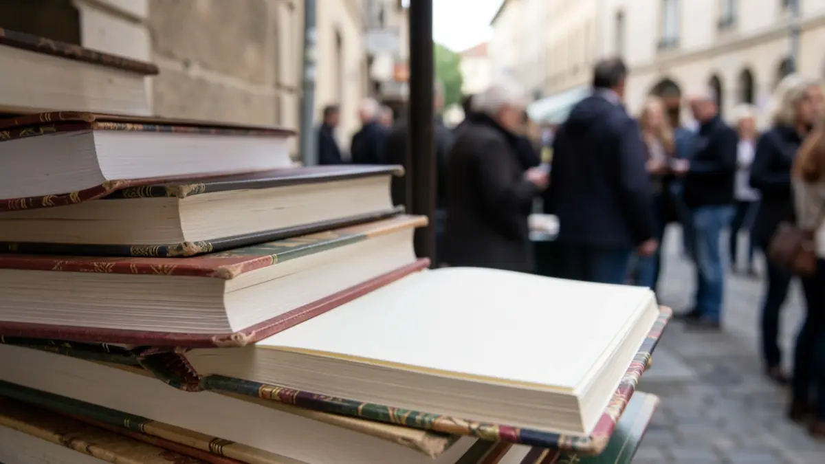 Image générique de livres décorés avec des tranches personnalisées, dans une ambiance douce et feutrée.