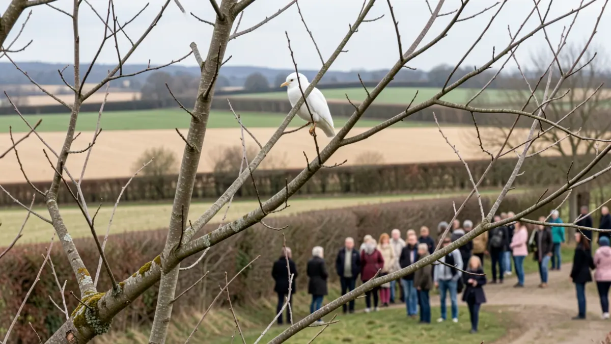 Generic image of a white bird of prey perched on a tree branch in a rural landscape.