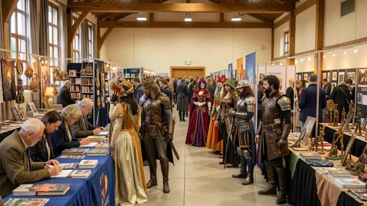 Scène de convention de fantasy colorée dans un centre d'animation des Landes, avec des auteurs, des cosplayers et des artisans.