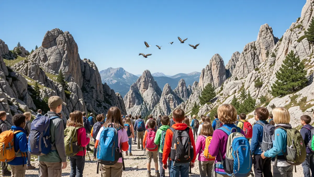 Generic image of children hiking and observing vultures in a rocky landscape.
