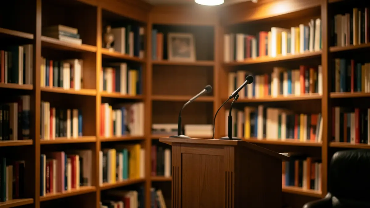Generic image of a literary event with bookshelves and a podium.