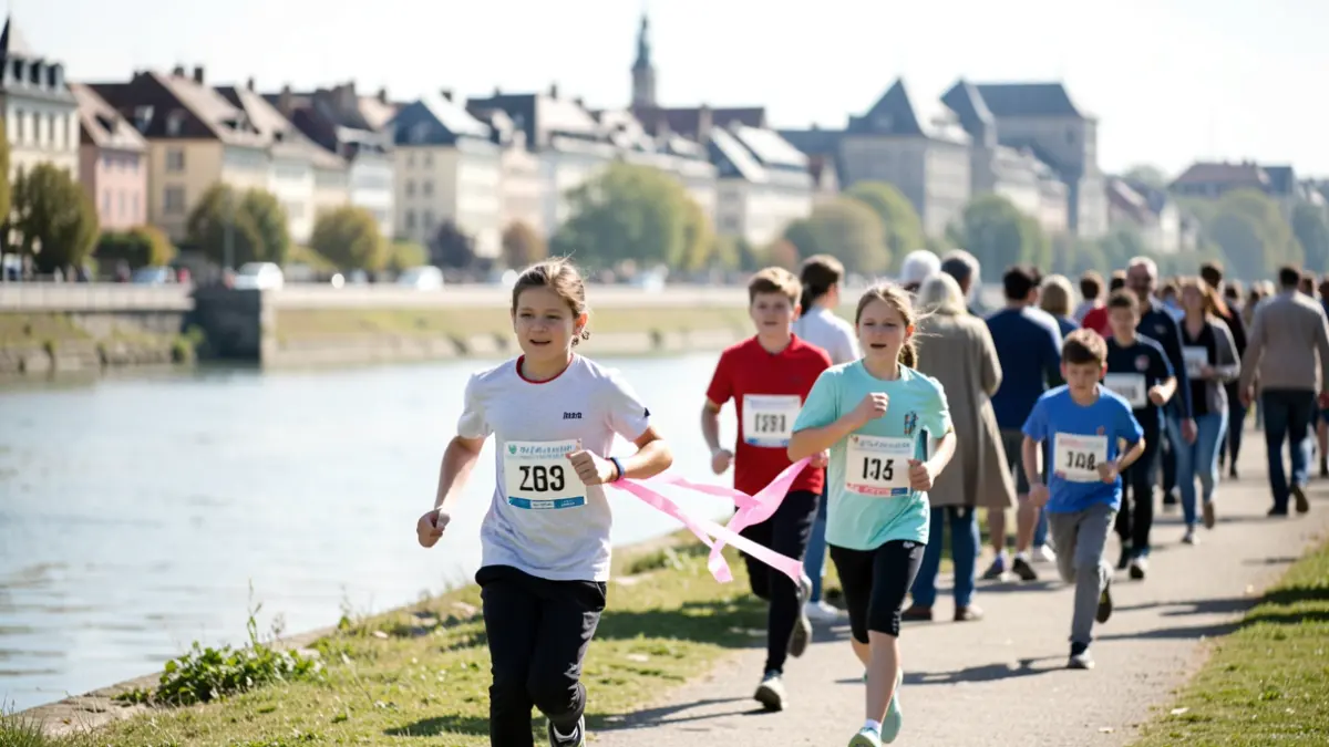 Image générique de coureurs déguisés en rose le long d'une rivière.
