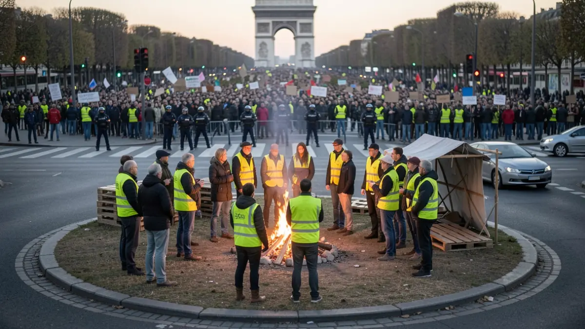 Image générique de personnes portant des gilets jaunes autour d'un feu de camp dans un rond-point rural, avec une foule de manifestants sur les Champs-Élysées en arrière-plan.