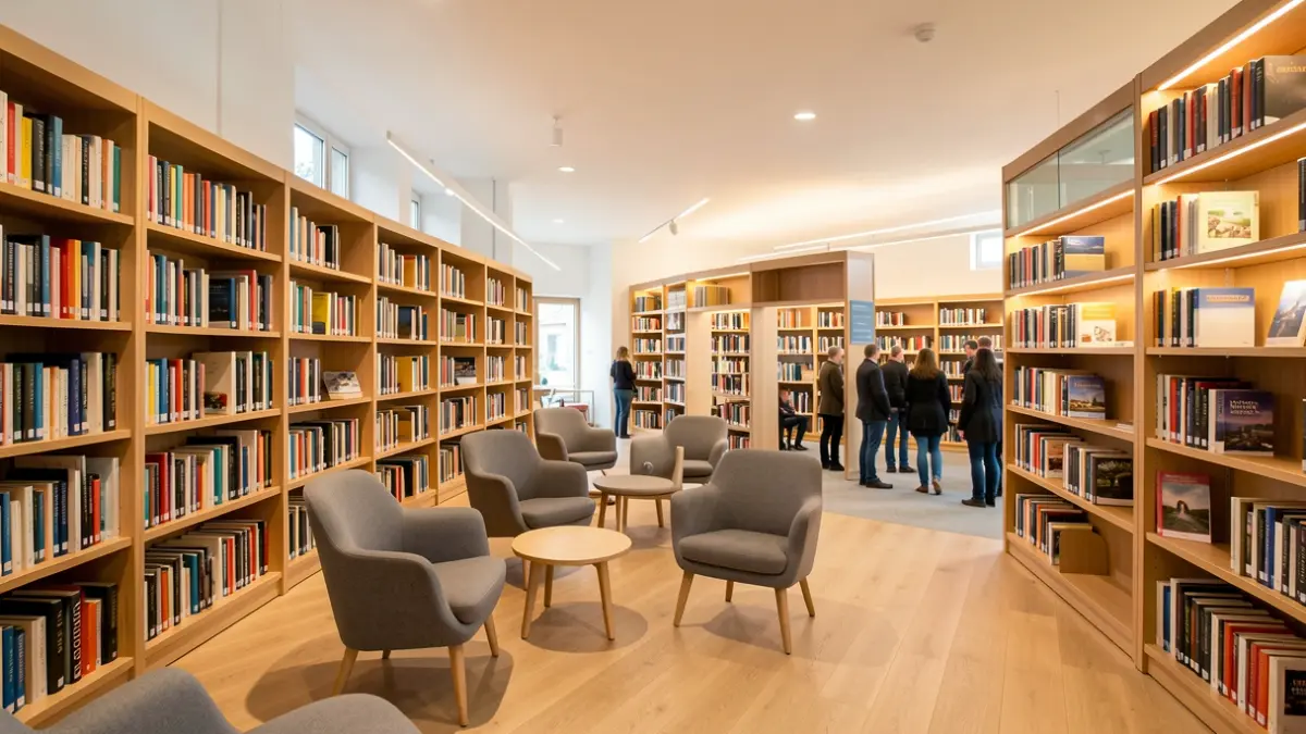 Generic image of the interior of a municipal library with shelves full of books and reading chairs.