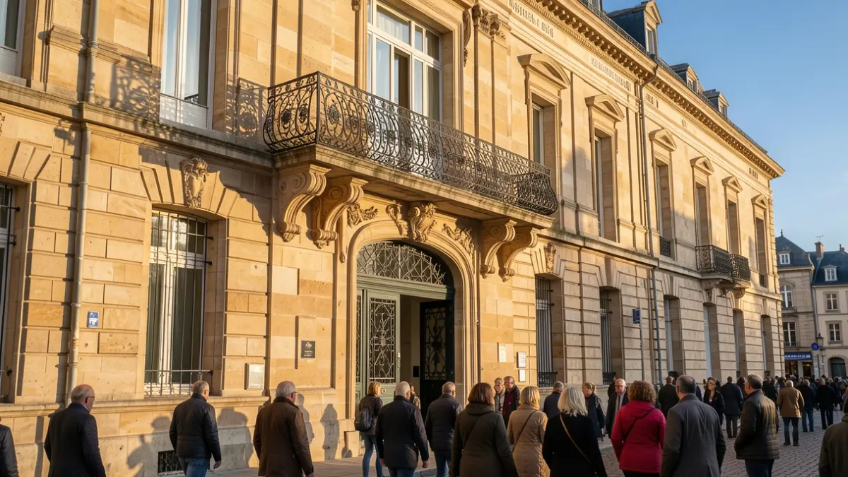 Image générique de la façade en pierre d'un bâtiment municipal de Nouvelle-Aquitaine avec un balcon orné, sous un ciel bleu et un soleil d'après-midi.