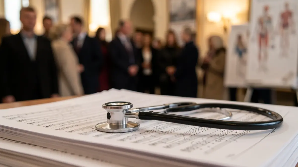 Gros plan d'un stéthoscope sur une partition de musique, avec des documents médicaux flous en arrière-plan.