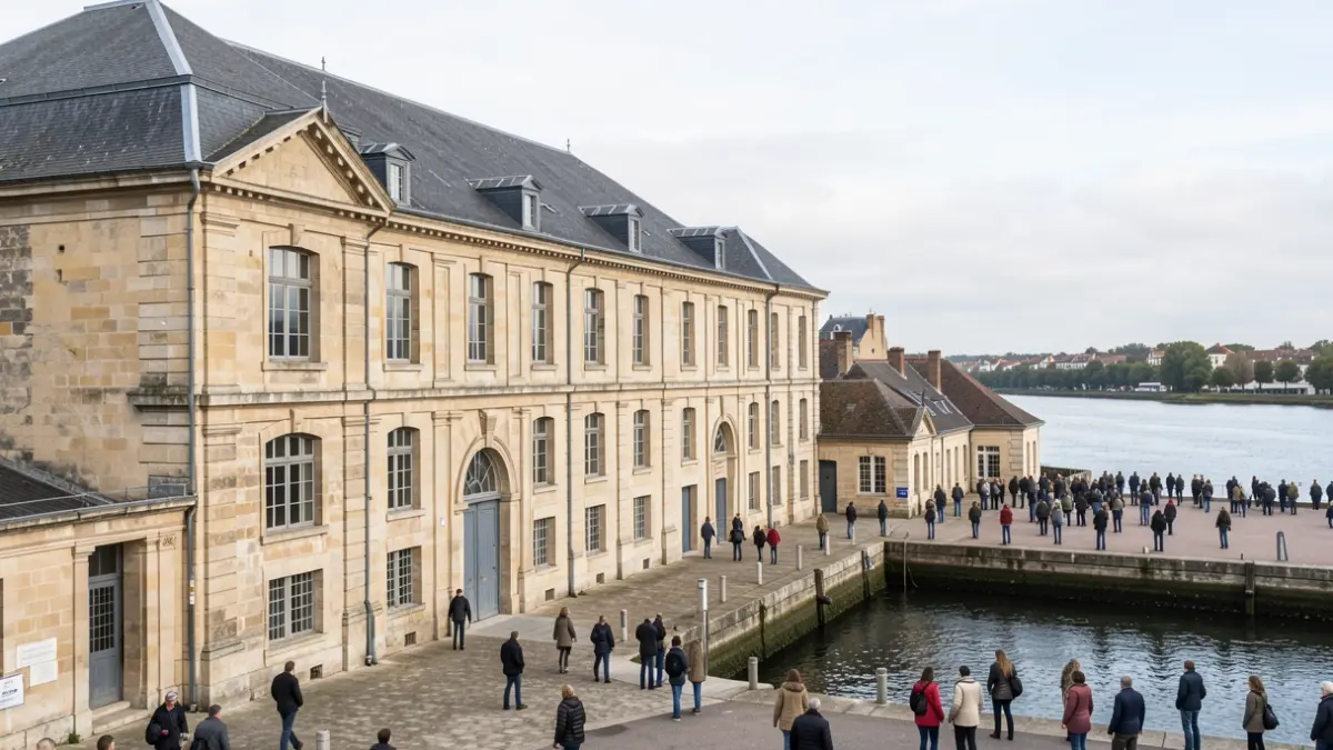 Vue de la Corderie Royale à Rochefort, France, avec le fleuve Charente en arrière-plan. Le bâtiment maritime historique est baigné par une lumière du jour douce, mettant en valeur son architecture.