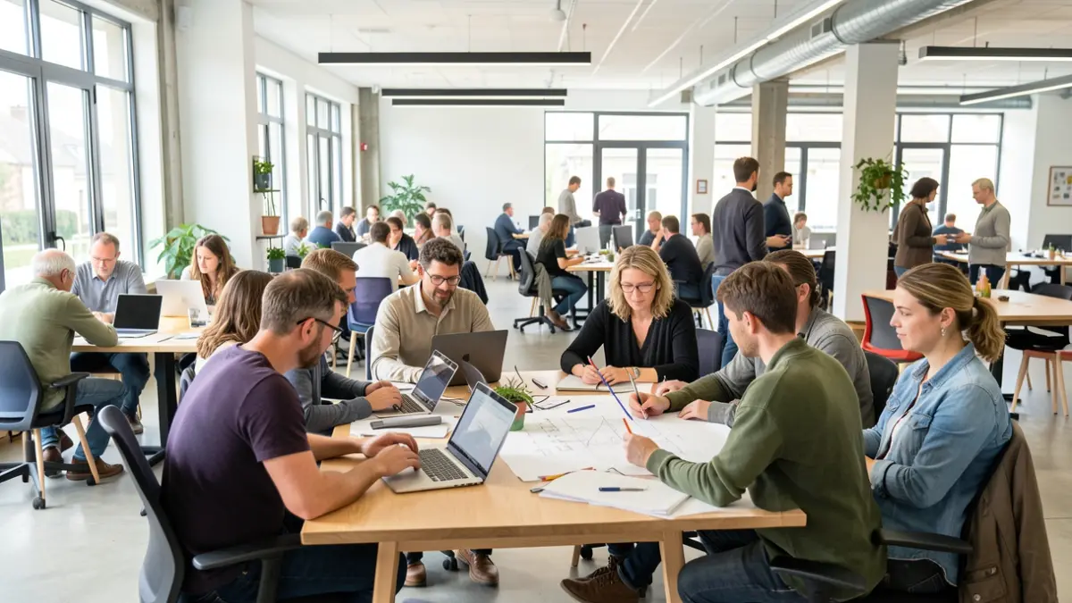 Image générique de personnes collaborant dans un espace de coworking moderne et lumineux. Diversité d'âges et d'activités, ambiance dynamique et inclusive.