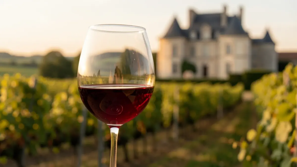 Generic image of a glass of red wine with a blurred vineyard in the background.