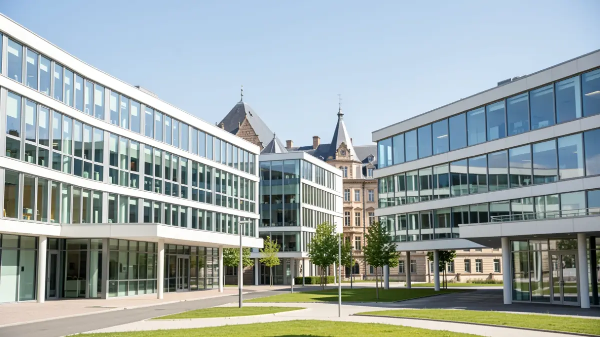 Image générique de bâtiments universitaires modernes symbolisant la coopération internationale, avec une touche d'architecture locale.