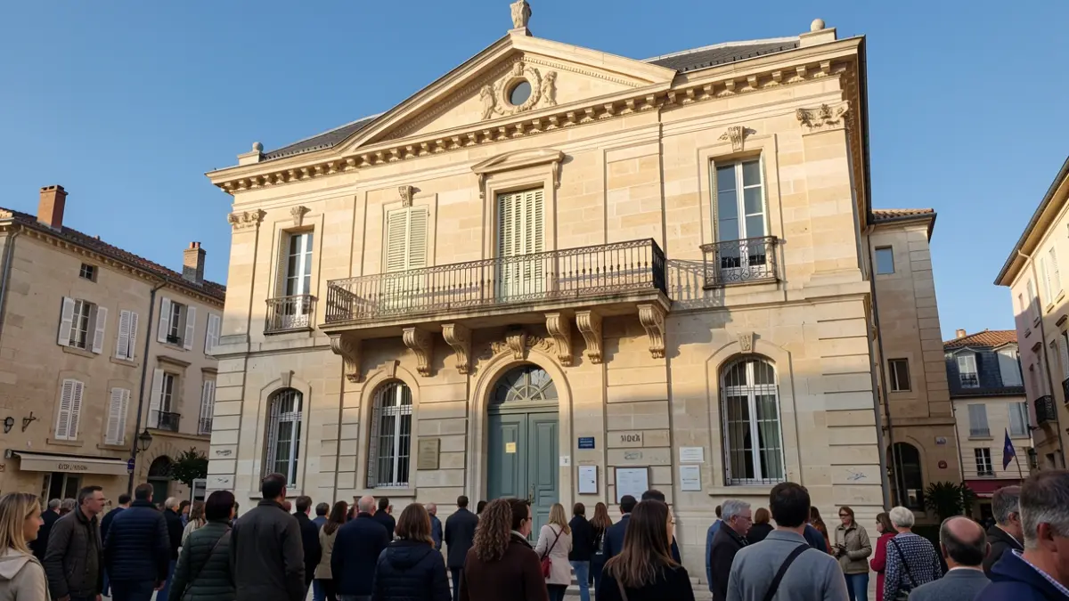 Generic image of a stone town hall facade in Nouvelle-Aquitaine, with a balcony and iron railings, under an afternoon sun.
