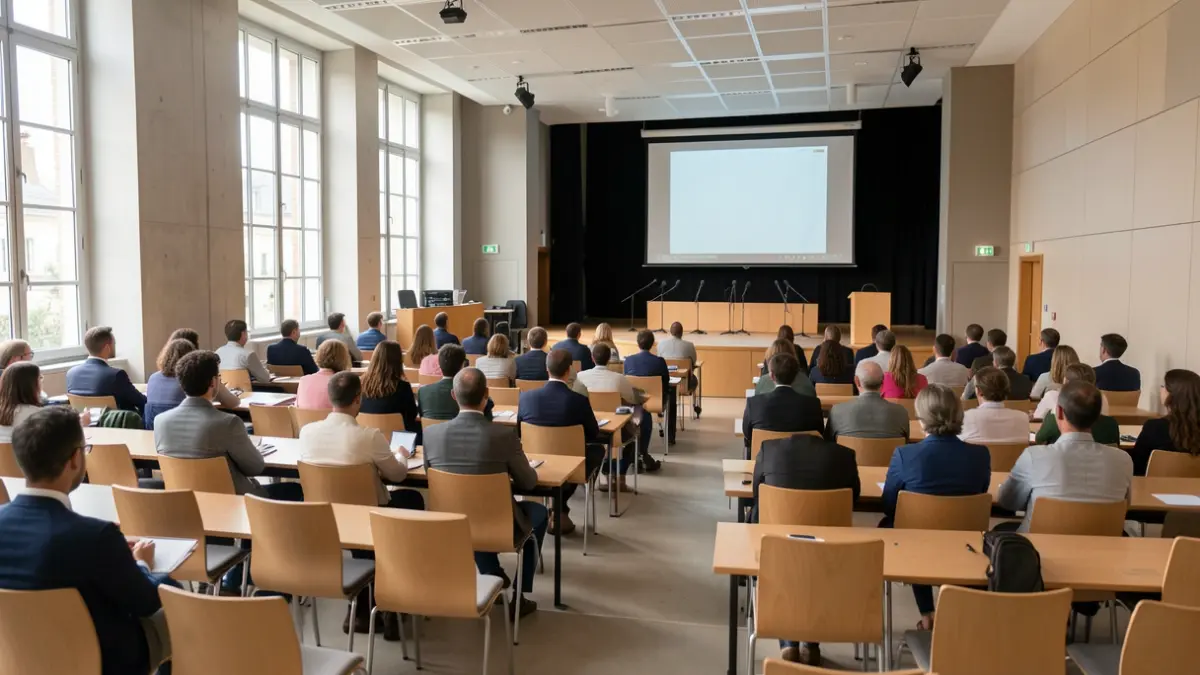 Generic image of an empty university lecture hall with seats and a lectern.