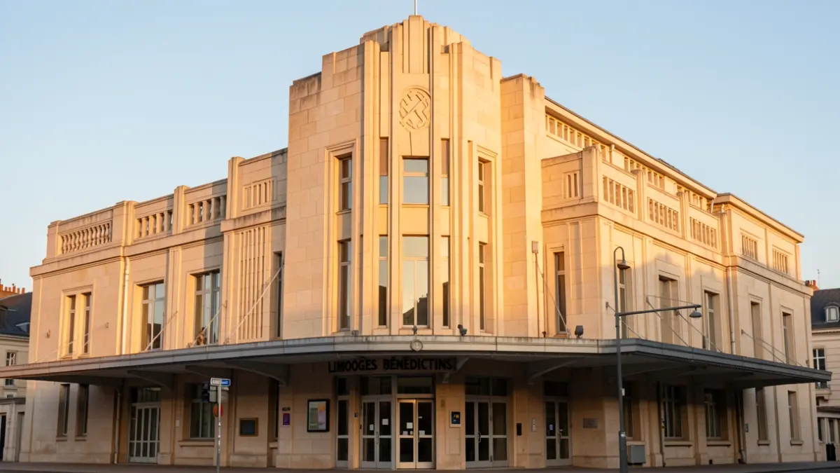 Façade emblématique de la gare de Limoges Bénédictins, chef-d'œuvre Art Déco, baignée par la lumière chaude de fin d'après-midi.