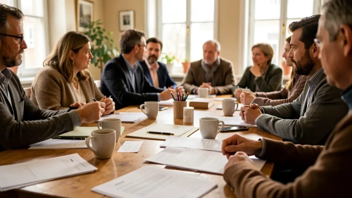 Image générique d'une réunion communautaire dans un espace accueillant, avec des tasses de café et des personnes en discussion floues à l'arrière-plan.