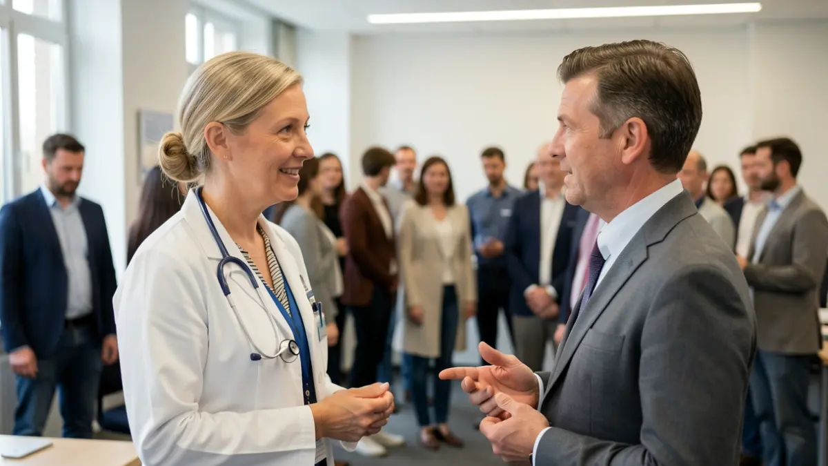 Generic image of a medical professional talking to a person in an office setting, soft lighting, neutral background.