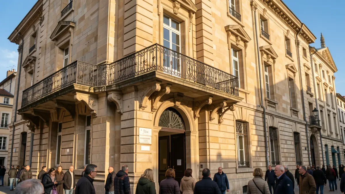 Generic image of a stone official building facade with an ornate balcony and a blue sky.