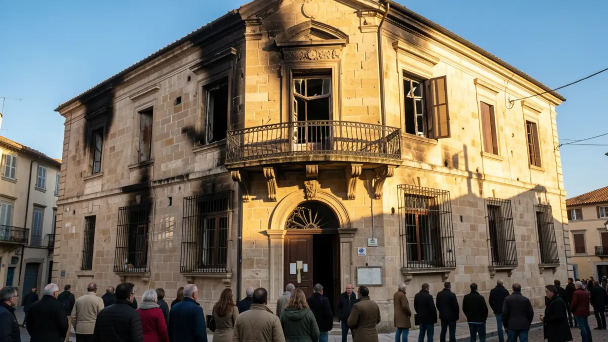 Image générique d'une façade de mairie en pierre endommagée par un incendie, avec des traces de brûlures et des fenêtres brisées. Lumière d'après-midi.