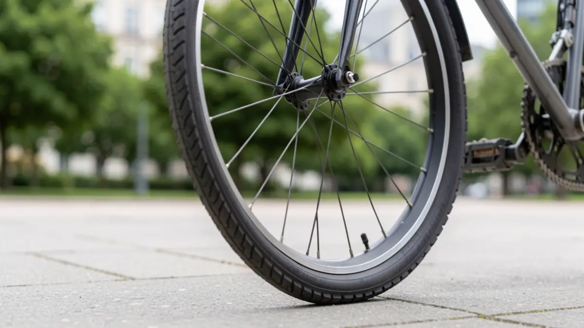 Image générique d'une roue de vélo sur un trottoir, avec un arrière-plan flou de verdure et de bâtiments.