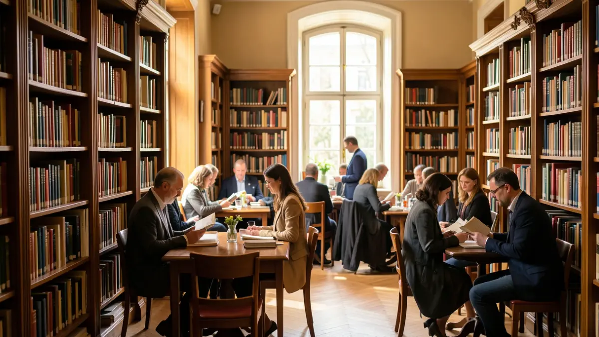 Generic image of a welcoming library with bookshelves filled with books and soft lighting.