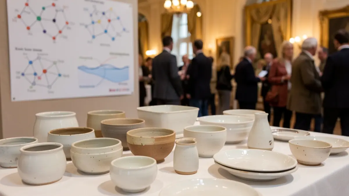 Image générique de matériaux céramiques et de pièces en porcelaine, avec des diagrammes scientifiques flous.