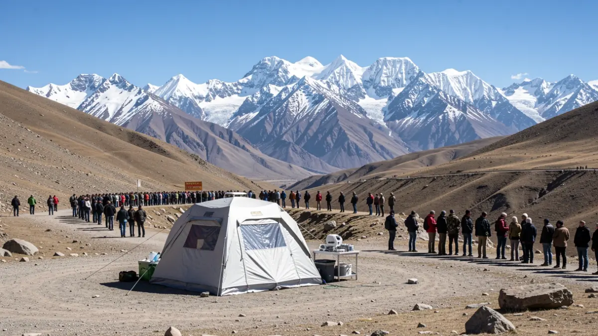 Generic image of a high-altitude Andean landscape with snow-capped mountains and a physiology laboratory.