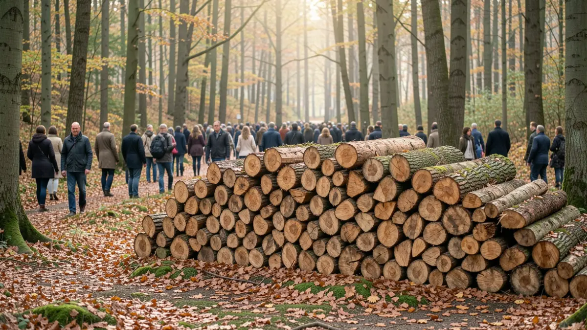 Image générique de bois de chauffage empilé dans une forêt en automne.