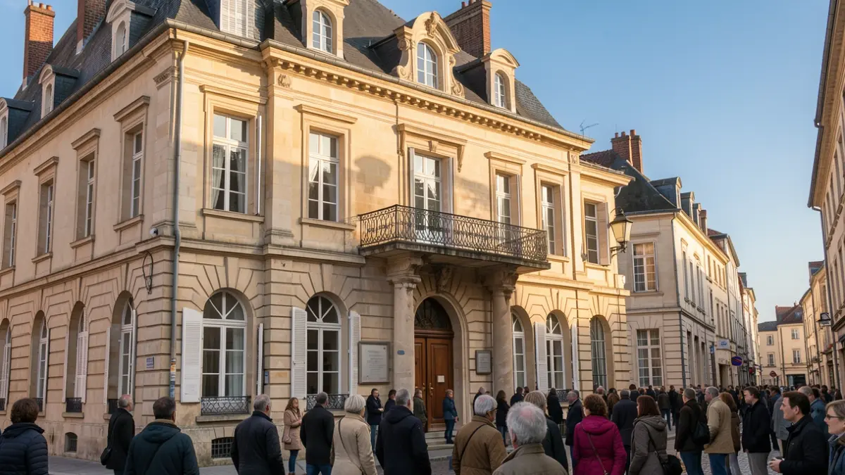 Image générique d'une façade d'hôtel de ville française avec un balcon, baignée par la douce lumière du soleil d'après-midi et un ciel bleu clair.