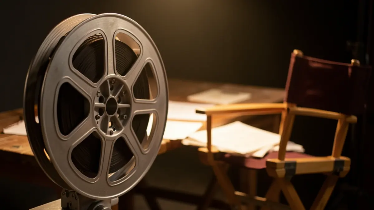 Generic image of a film reel and a director's chair in a dimly lit studio.
